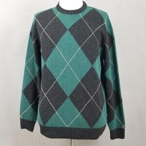Barbour Sweater Mens Large Green Gray Wool Argyle Crewneck Knit Pullover Casual